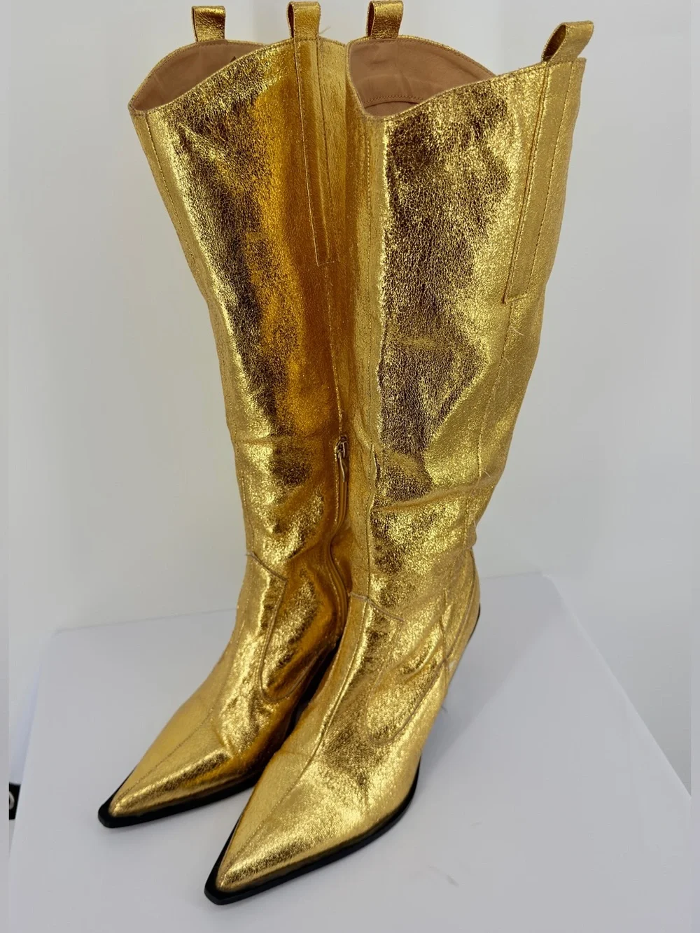 Gold Metallic Knee High Western Cowboy Boots Size 7 Pointed Toe